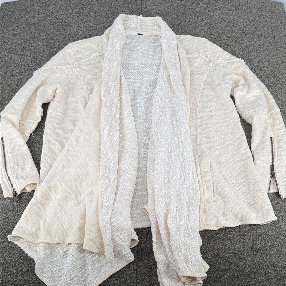 Free People Cardigan Wm Medium Cream Open Front Waterfall Zipper Sleeve Drapey